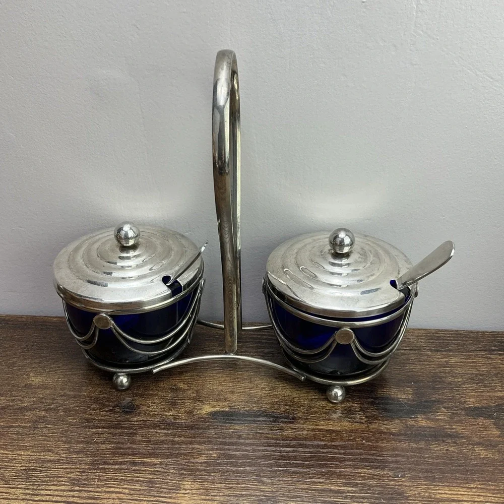 Vintage 1940s Art Deco Cobalt Blue Glass Silver Jam Jelly Condiment Set Caddy